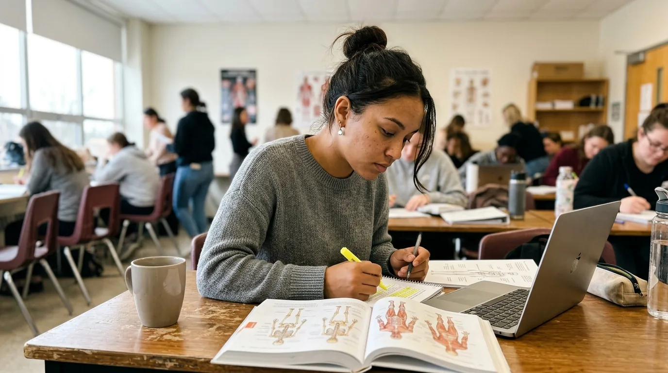 Enhance.work - Blog - esthetician to nurse injector route - esthetician studying a nursing prerequisite course in a classroom
