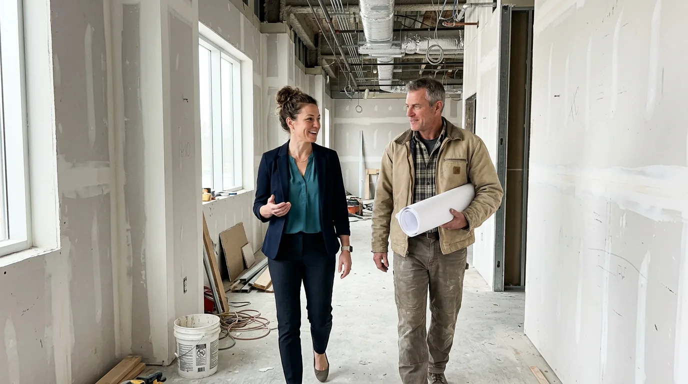 Enhance.work - Blog - med spa startup costs - owner and contractor walking an unfinished clinic suite with floor plans