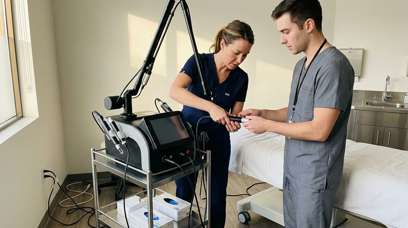 Enhance.work - Blog - cost to open a medical spa - installer and provider setting up a device on a cart in a new treatment room