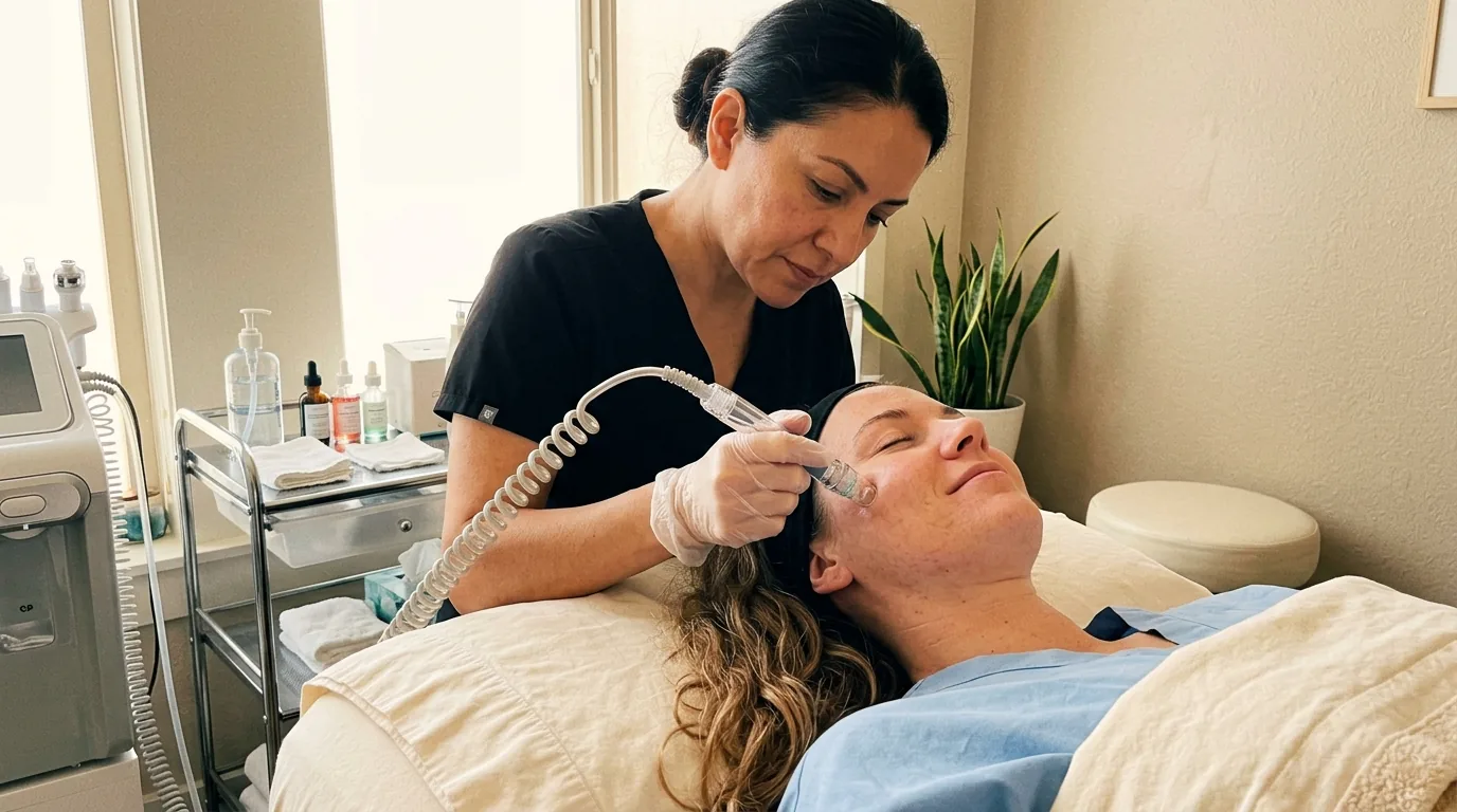 Enhance.work - Blog - hydrafacial training - esthetician performing a hydradermabrasion facial with a vacuum handpiece in a bright treatment room