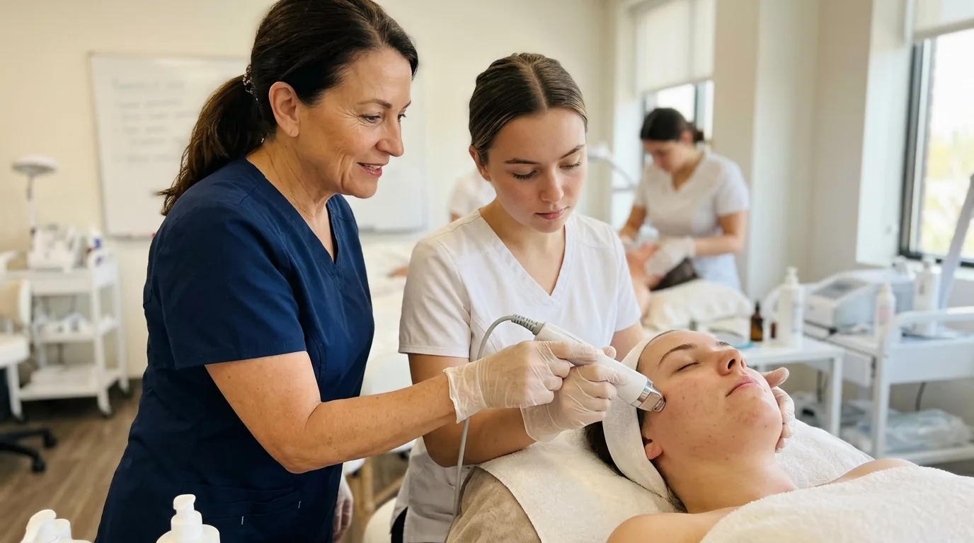 Enhance.work - Blog - who can perform a hydrafacial - trainer guiding a student's hand during a hands-on facial class