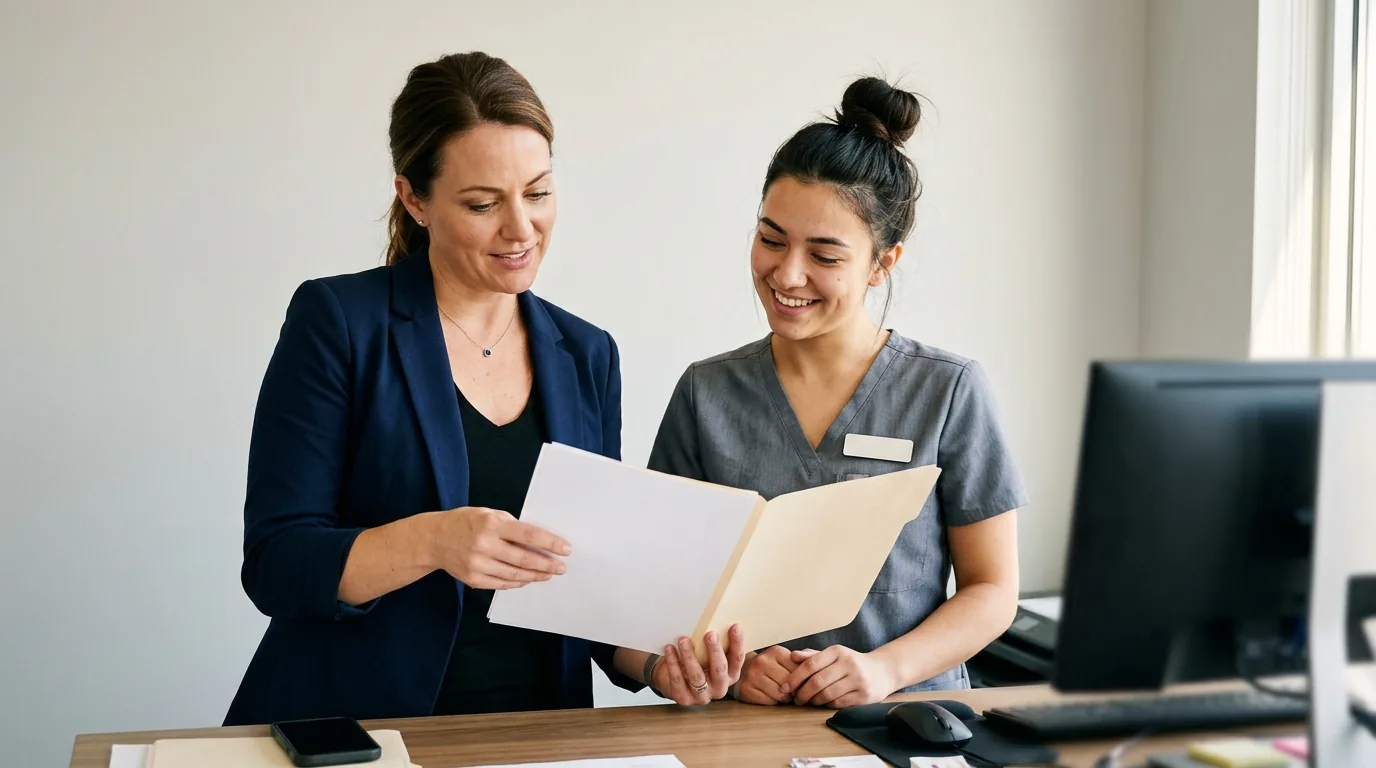 Enhance.work - Blog - hydrafacial training online vs hands-on - clinic manager reviewing a new hire's credentials at a front desk