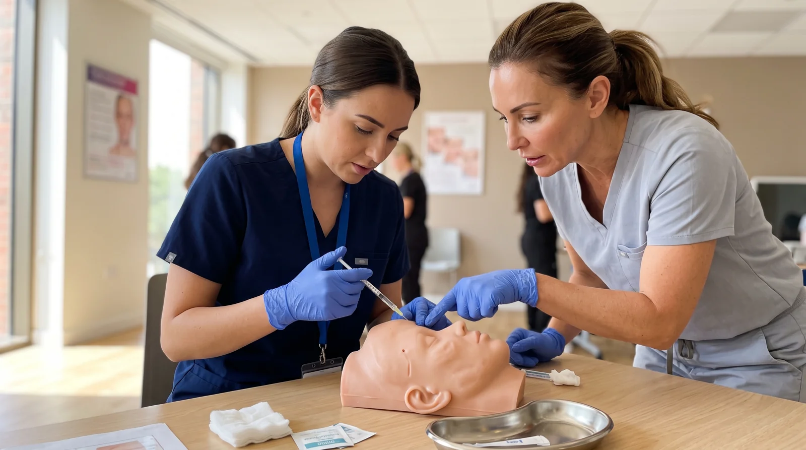 Enhance.work - Blog - botox and filler training - nurse injector practicing an injection technique on a training model while an instructor supervises