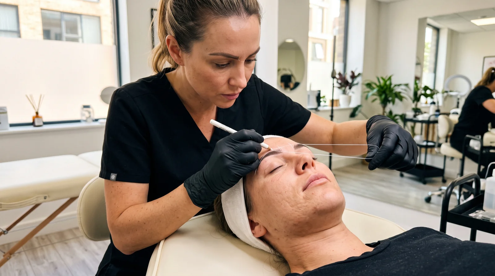 Enhance.work - Blog - PMU license by state - artist mapping eyebrows on a client with gloves in a sterile studio setup