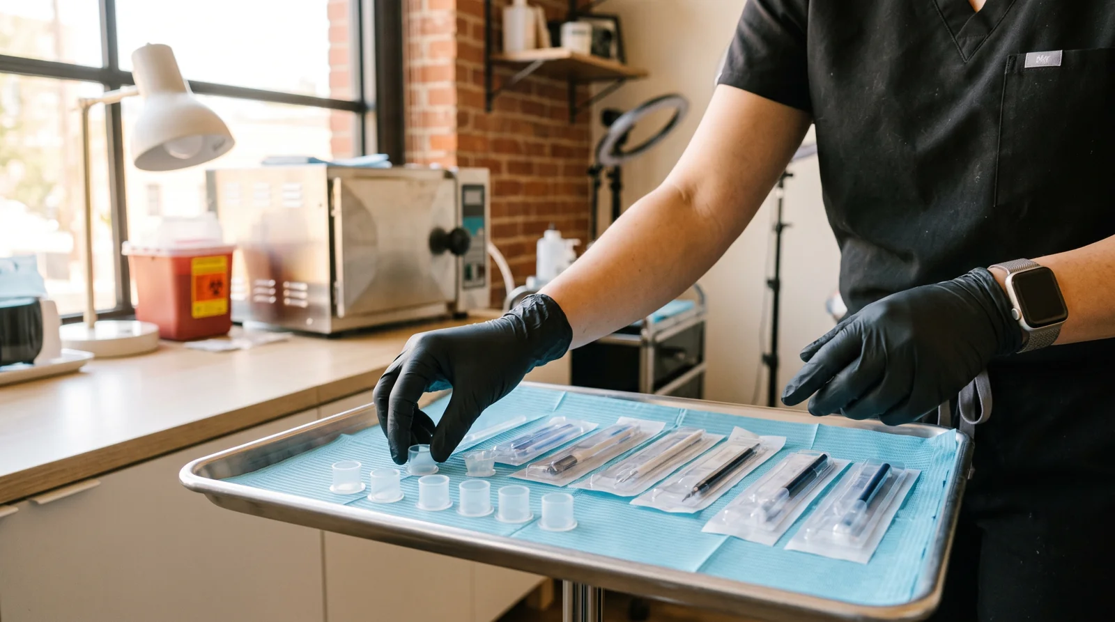 Enhance.work - Blog - PMU license training - studio sterilization station with wrapped tools ready for a client
