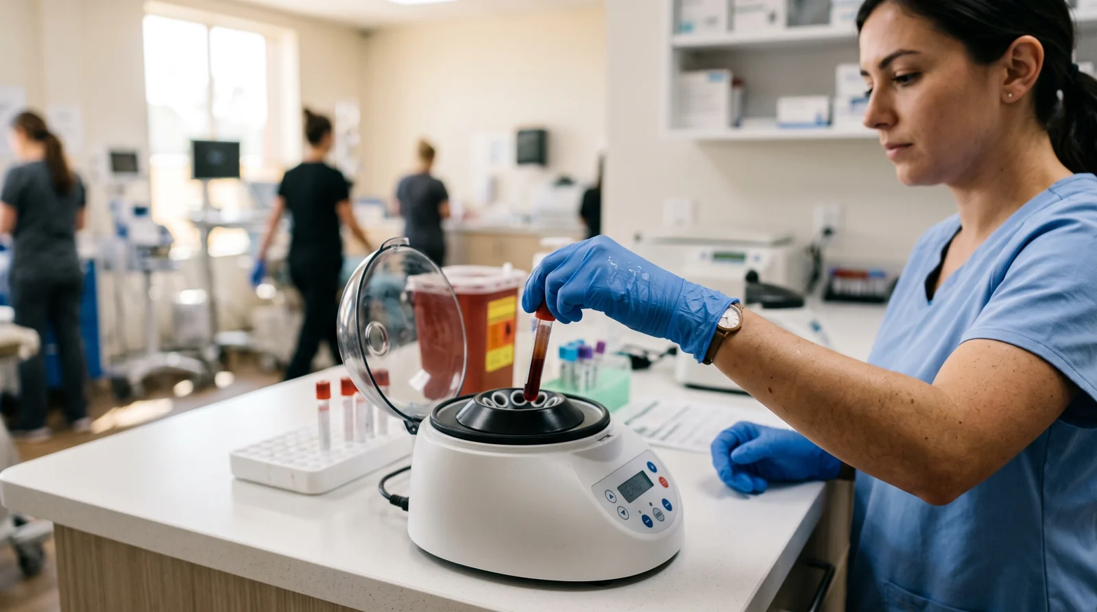 Enhance.work - Blog - PRP training - gloved clinician loading blood tubes into a centrifuge in a bright clinic