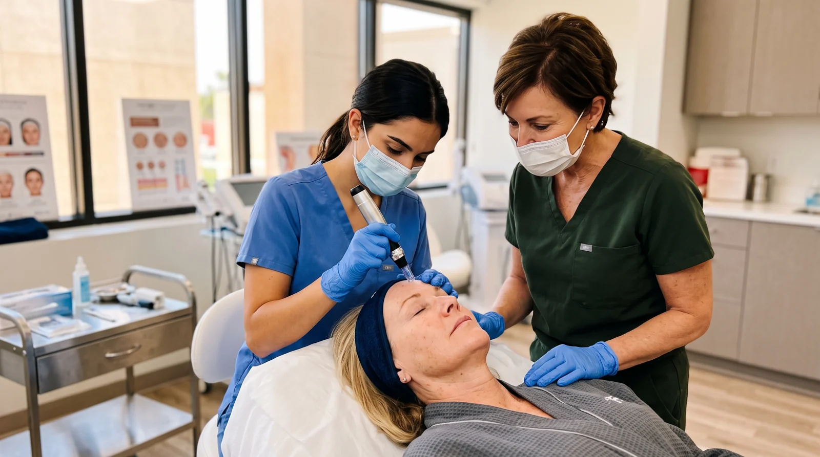 Enhance.work - Blog - PRP microneedling training - instructor supervising a student during a microneedling demonstration