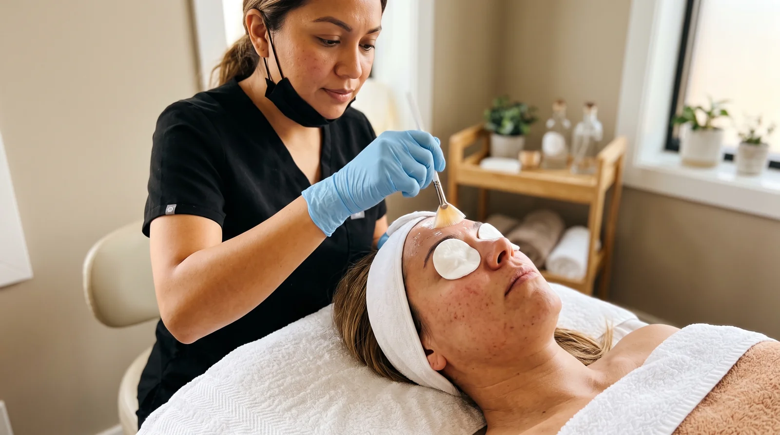 Enhance.work - Blog - chemical peel training for estheticians - esthetician applying a chemical peel with a fan brush to a client in a bright treatment room