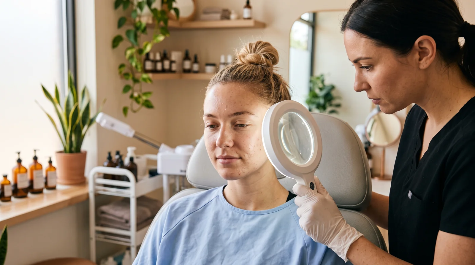 Enhance.work - Blog - chemical peel training for estheticians - esthetician assessing a client's skin type under a magnifier lamp before treatment