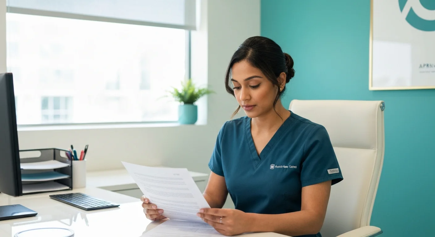 Nurse practitioner reviewing employment contract documents at a desk
