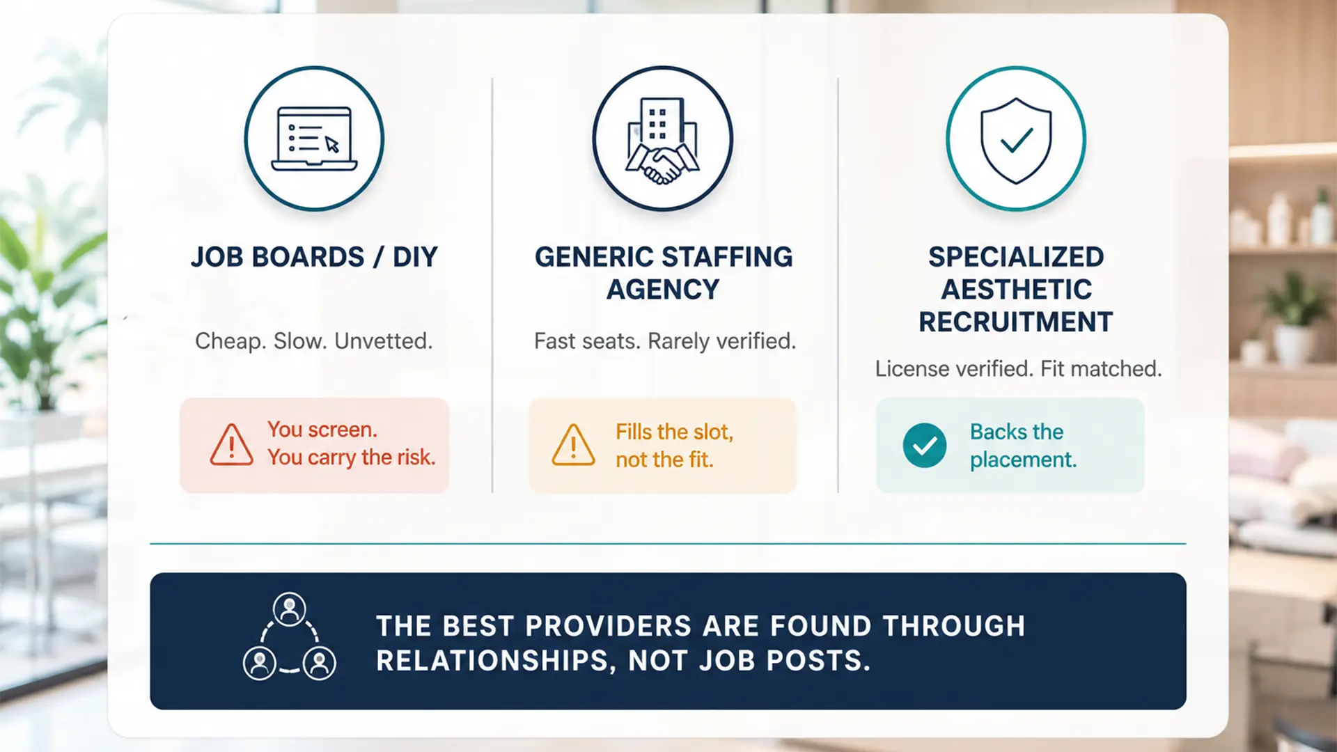 Comparison of three med spa staffing options in Florida: job boards or DIY that are cheap slow and unvetted, a generic staffing agency that is fast but rarely verified, and specialized aesthetic recruitment that is license verified and fit matched