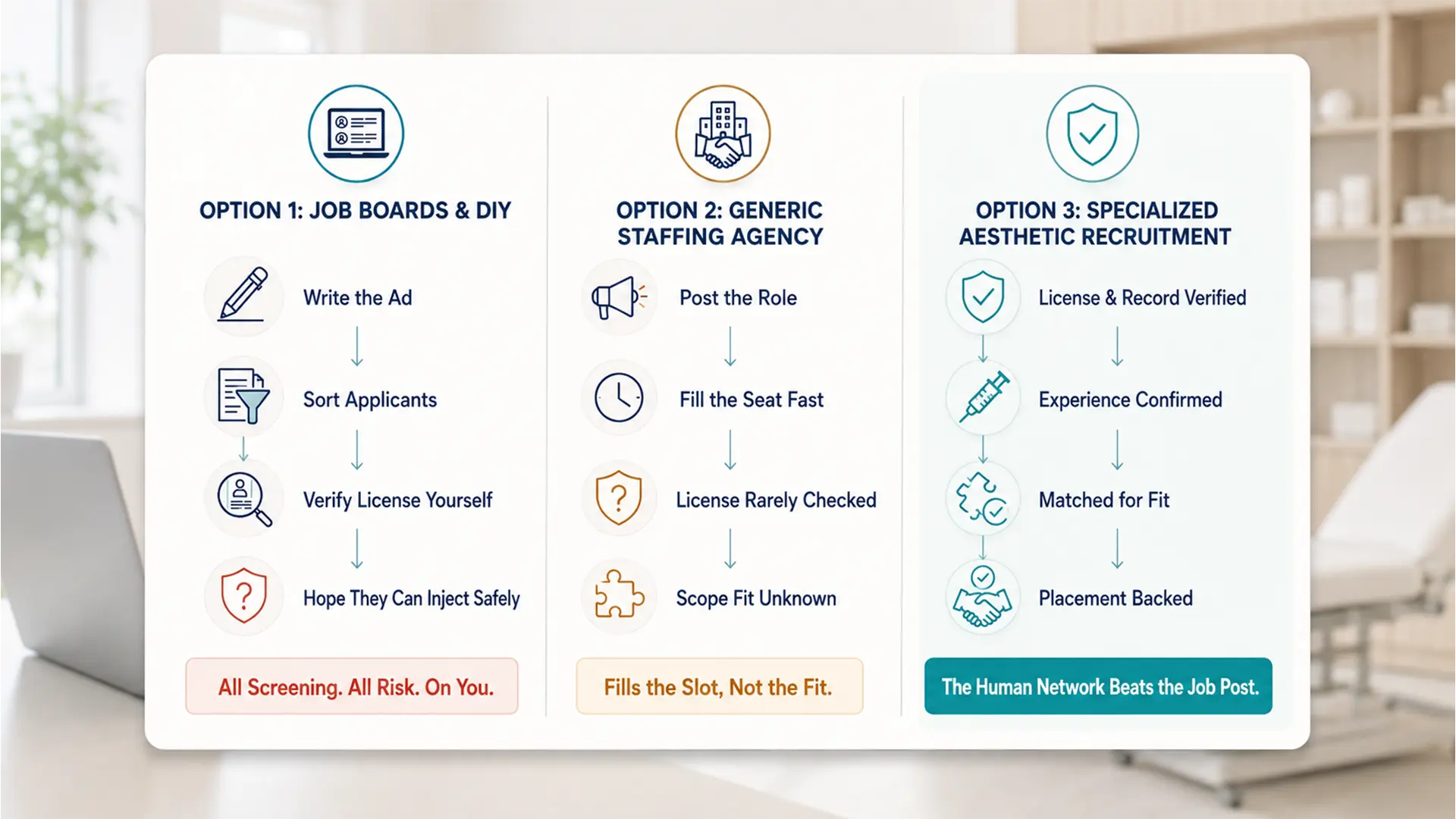 Side by side workflows for filling a med spa role three ways: job boards and DIY, a generic staffing agency, and specialized aesthetic recruitment that verifies license, confirms experience, and matches for fit