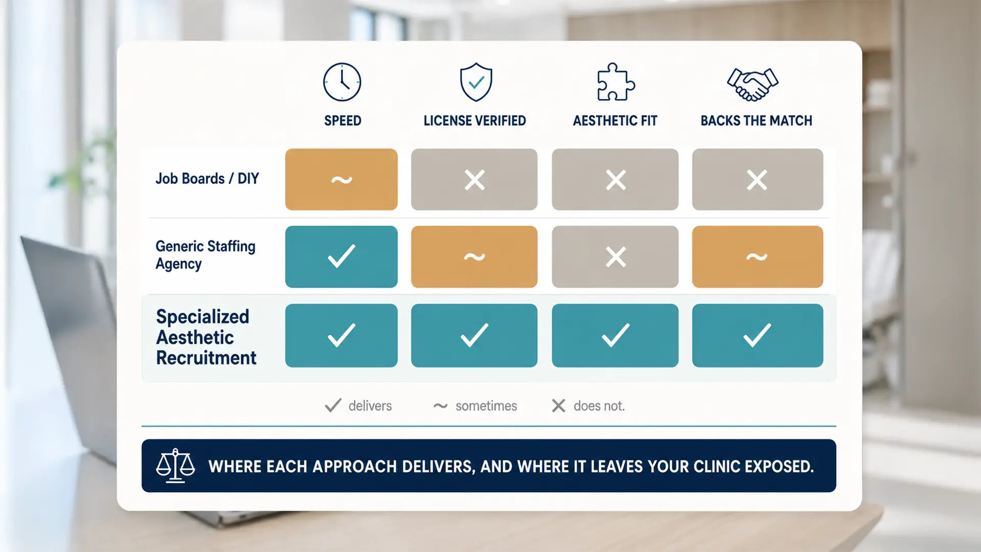 Matrix comparing med spa staffing approaches across speed, license verified, aesthetic fit, and backing the match, where only specialized aesthetic recruitment delivers on all four