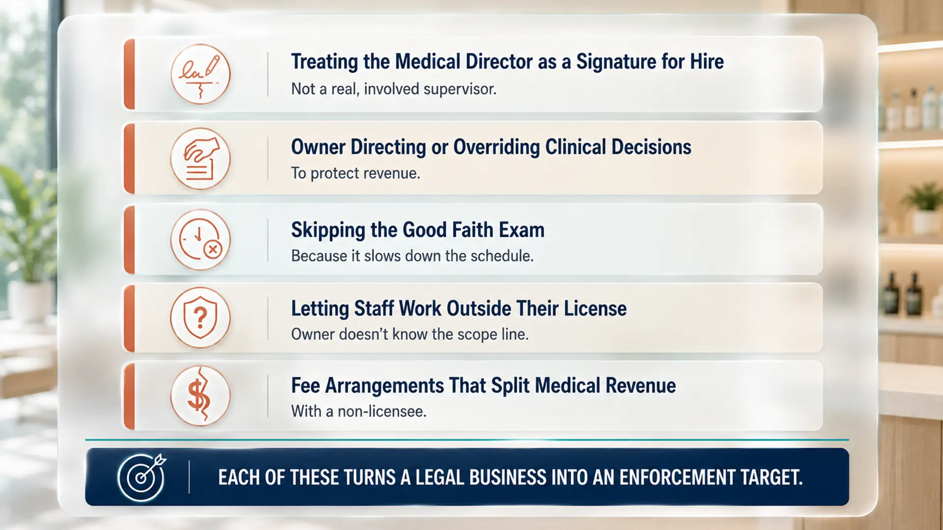 Five compliance red flags for Florida med spa owners: treating the medical director as a signature for hire, overriding clinical decisions, skipping the good faith exam, letting staff work outside their license, and splitting medical revenue with a non licensee