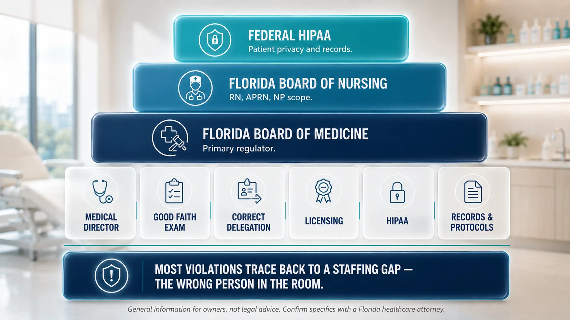 Florida med spa compliance regulatory hierarchy showing the Florida Board of Medicine, Board of Nursing, and federal HIPAA above the core requirements every clinic must meet