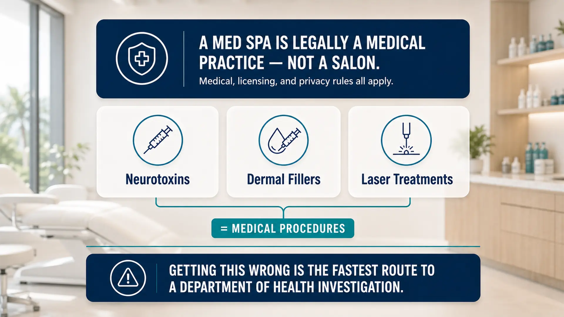 Graphic explaining a Florida med spa is legally a medical practice, not a salon, because neurotoxins, dermal fillers, and laser treatments are all medical procedures