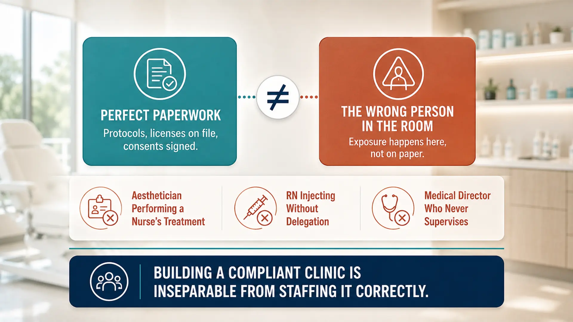 Diagram showing med spa compliance is more than paperwork because real exposure comes from the wrong person in the room, such as an aesthetician performing a nurses treatment