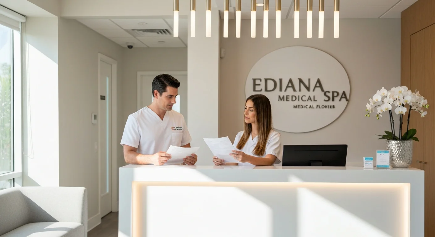 Enhance.work - Blog - Botox Injector Jobs Florida - Two professionals reviewing hiring paperwork at modern South Florida med spa reception