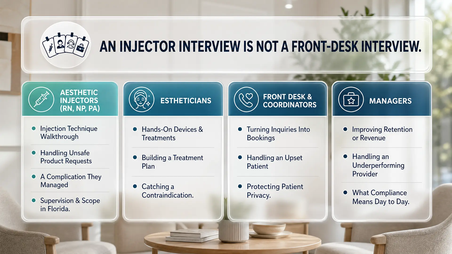 Enhance.work - Blog - med spa interview questions florida - med spa interview questions grouped by role for aesthetic injectors, estheticians, front desk coordinators and managers