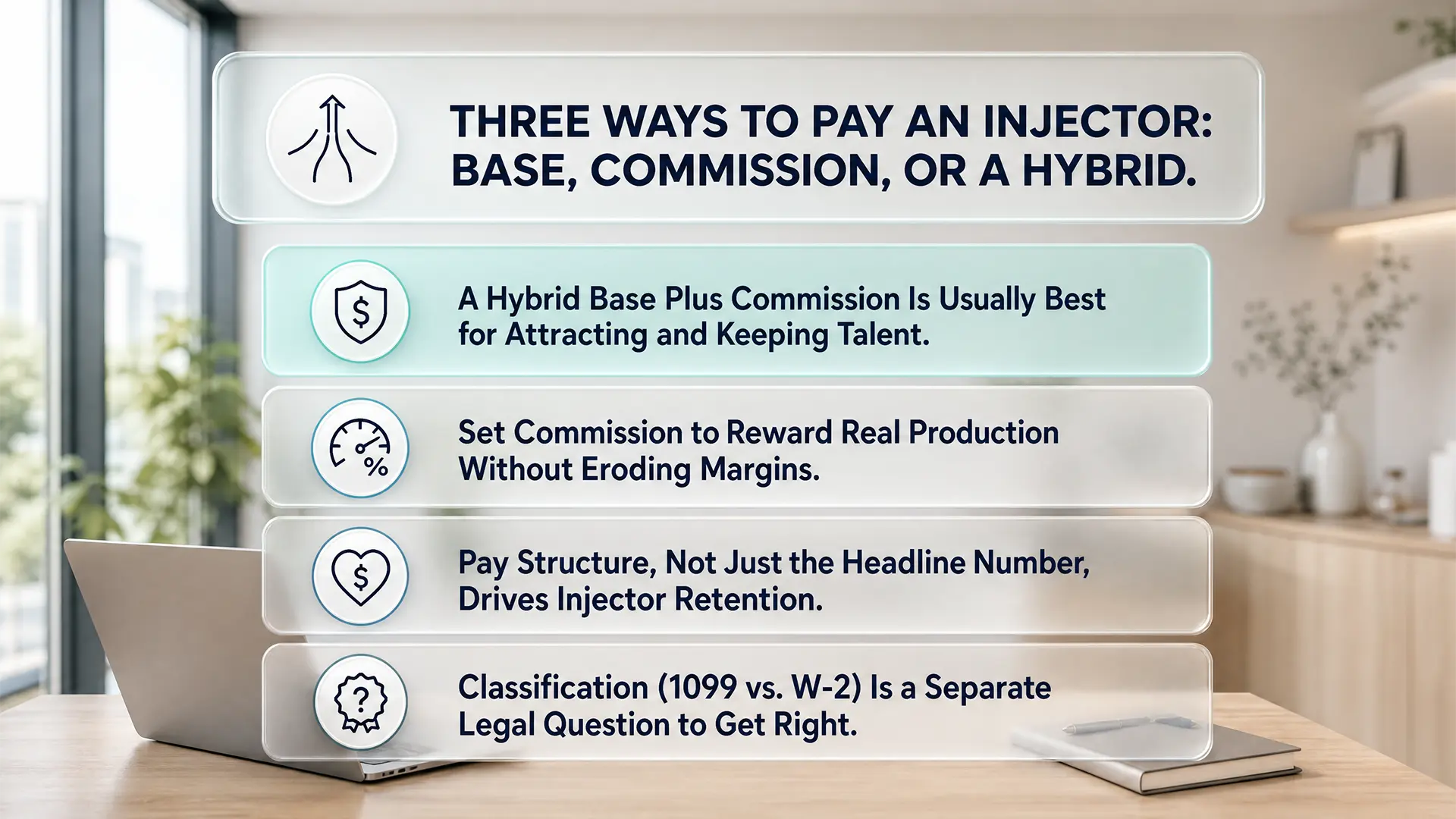 Enhance.work - Blog - how to pay a med spa injector florida - overview of the three ways to pay a med spa injector, base, commission or a hybrid, and why pay structure drives retention