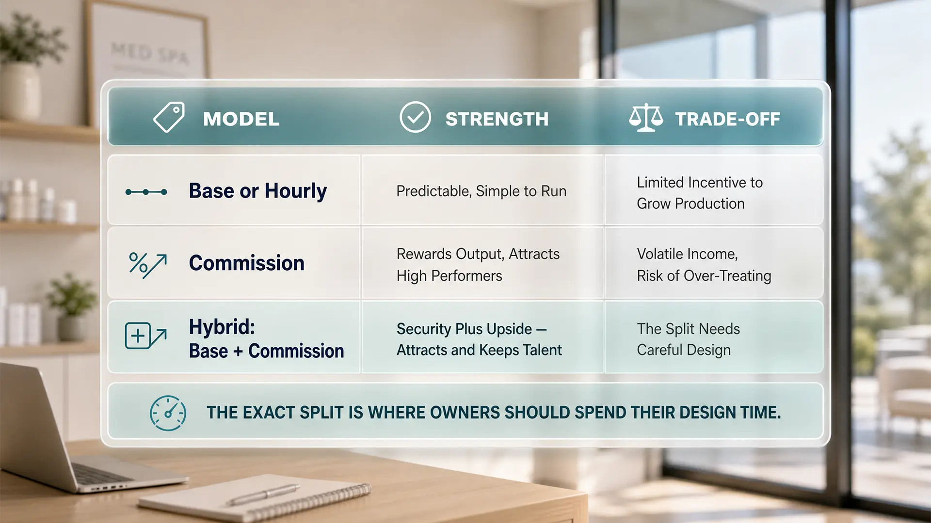 Enhance.work - Blog - how to pay a med spa injector florida - table weighing the strength and the trade-off of base, commission and hybrid pay models for med spa injectors