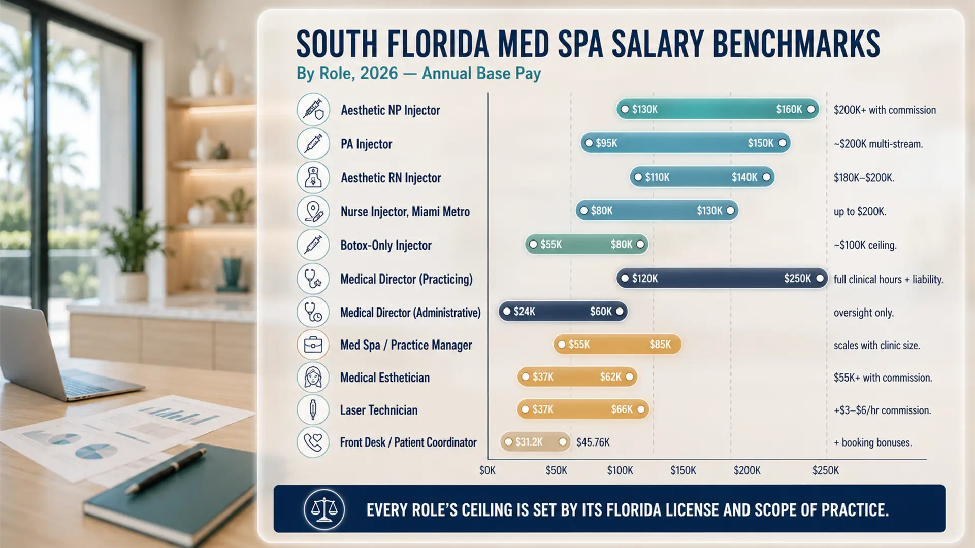 Enhance.work - Blog - south florida med spa salary report 2026 - bar chart of 2026 South Florida med spa annual base pay by role, from front desk coordinator up to aesthetic NP injector