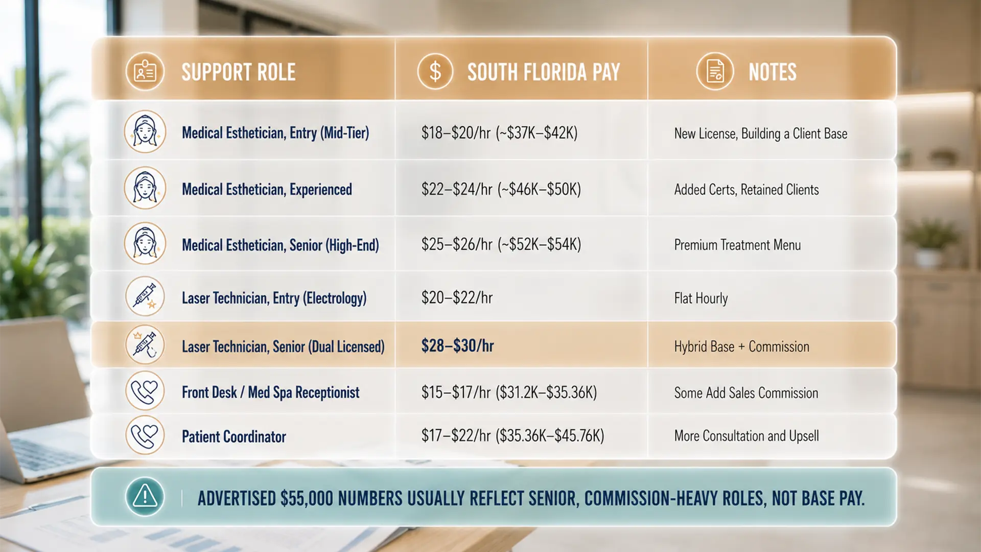 Enhance.work - Blog - south florida med spa salary report 2026 - table of South Florida hourly pay for medical estheticians, laser technicians, front desk staff and patient coordinators