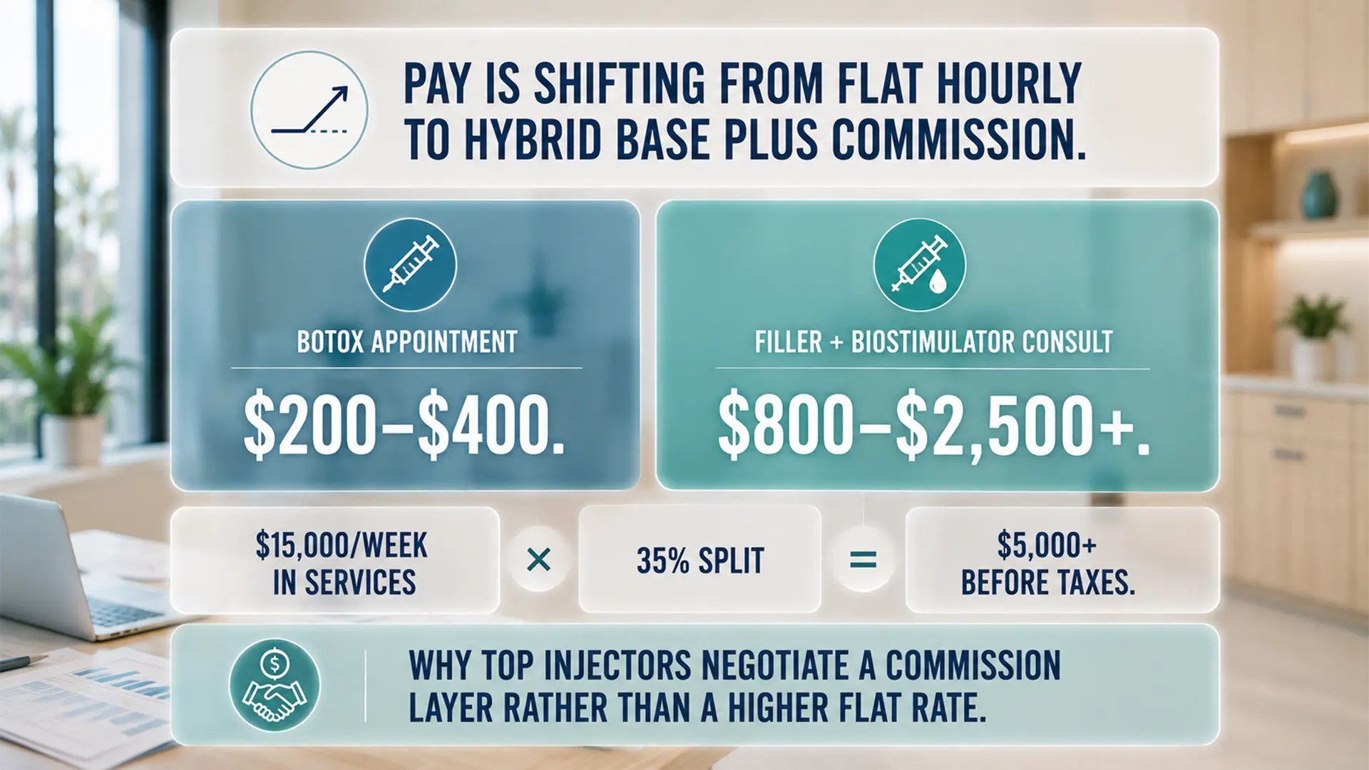 Enhance.work - Blog - south florida med spa salary report 2026 - illustration of how South Florida med spa pay is shifting from flat hourly to hybrid base plus commission, with example treatment values