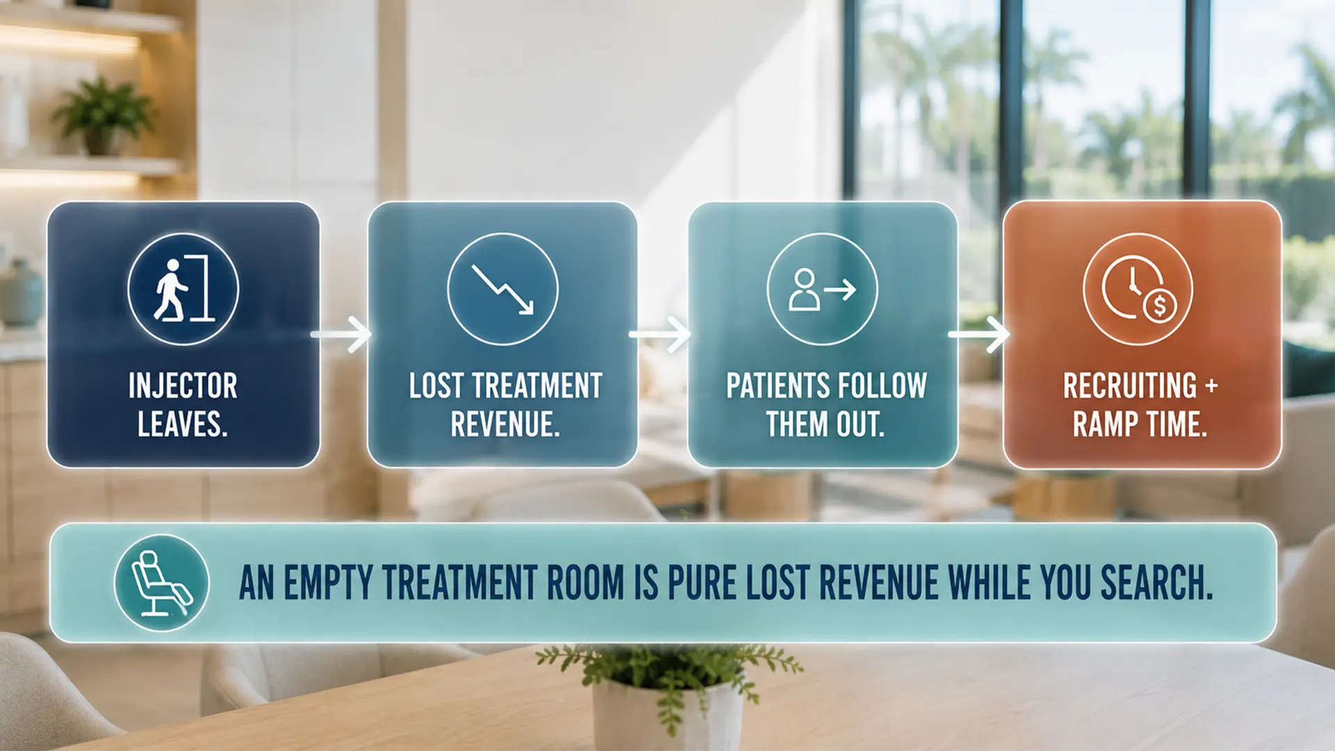 Enhance.work - Blog - how to reduce med spa turnover florida - flow diagram of what a departing injector costs a med spa, from lost treatment revenue through patients leaving to recruiting and ramp time