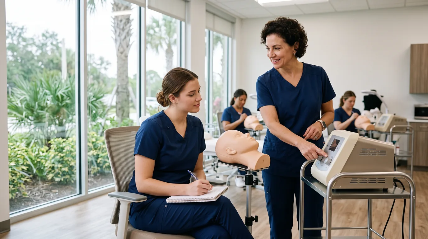 Enhance.work - Blog - how to become an electrologist - an electrology instructor guiding a student through epilator settings during board approved practical training in a Florida school