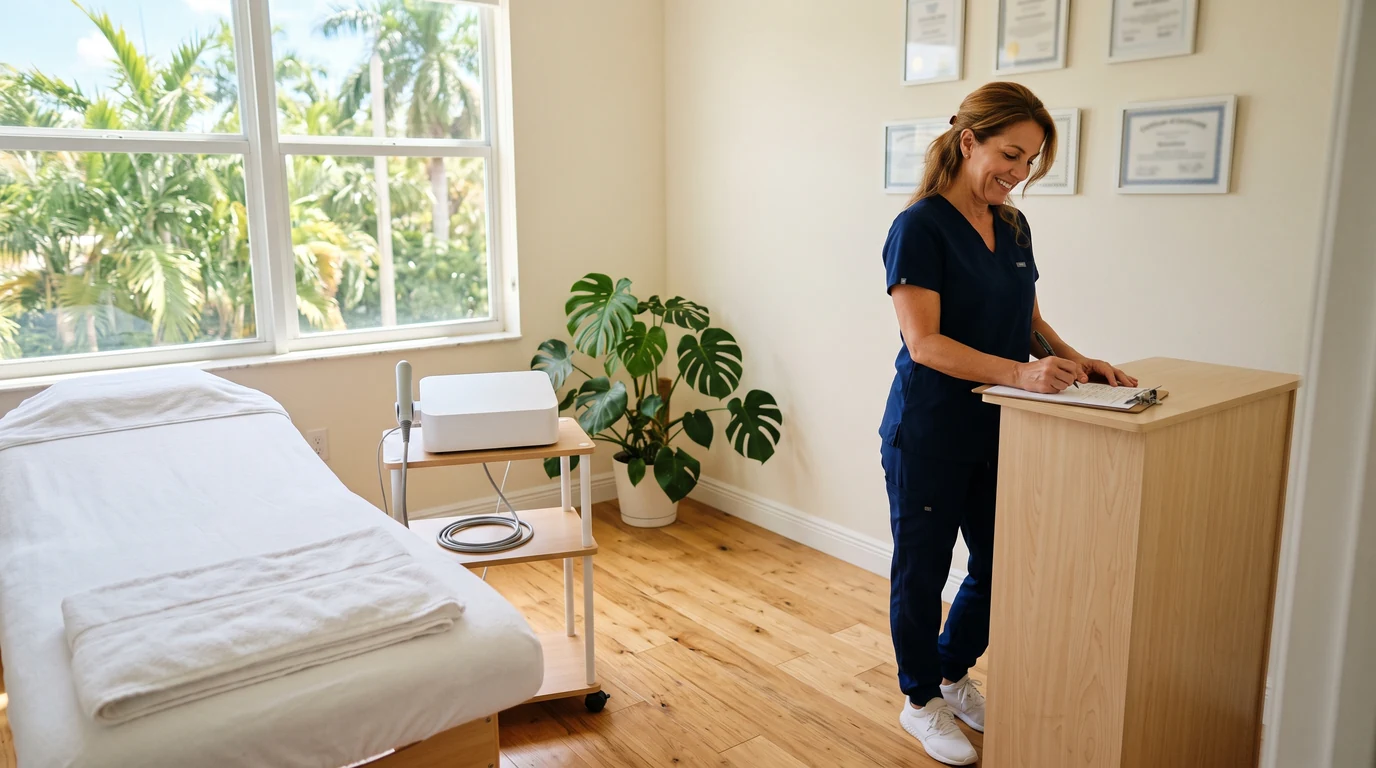 Enhance.work - Blog - how to become an electrologist - an independent electrologist reviewing the appointment schedule in a licensed single room hair removal studio in South Florida