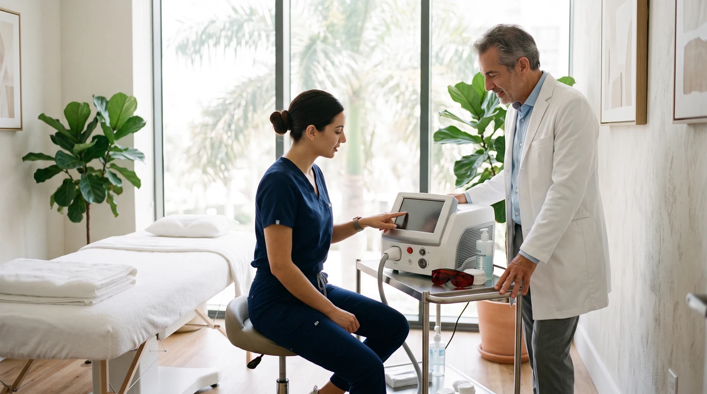 Enhance.work - Blog - electrolysis license florida - a licensed electrologist and a supervising physician reviewing a laser hair removal device together in a Florida med spa treatment room