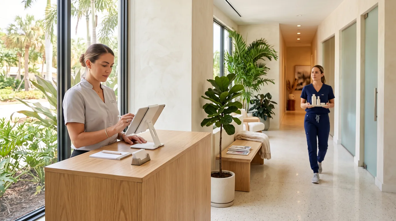 Enhance.work - Blog - med spa commission structure - a patient coordinator at the front desk and a treatment provider in a South Florida med spa, two roles that need different pay structures