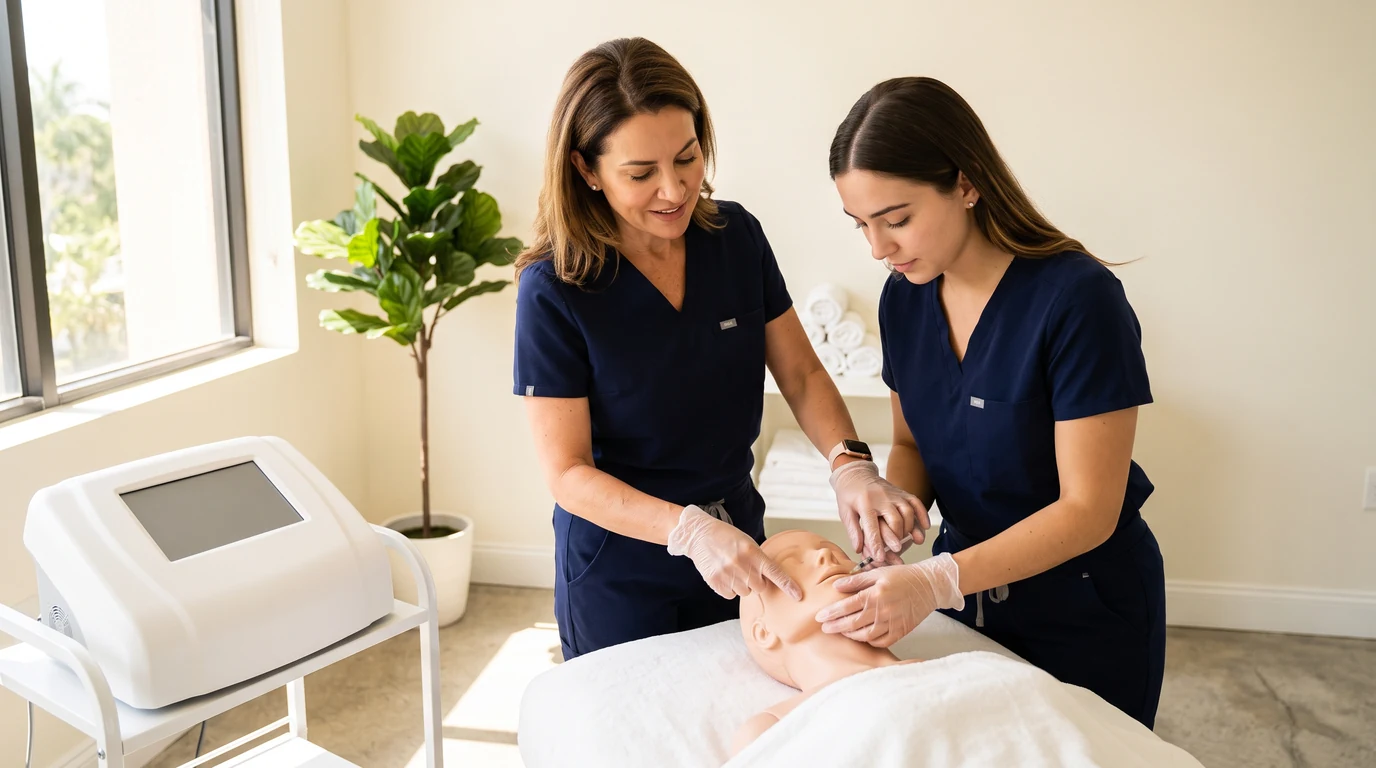 Enhance.work - Blog - med spa onboarding checklist - a senior med spa provider supervising a new hire practising a technique on a training mannequin before treating clients