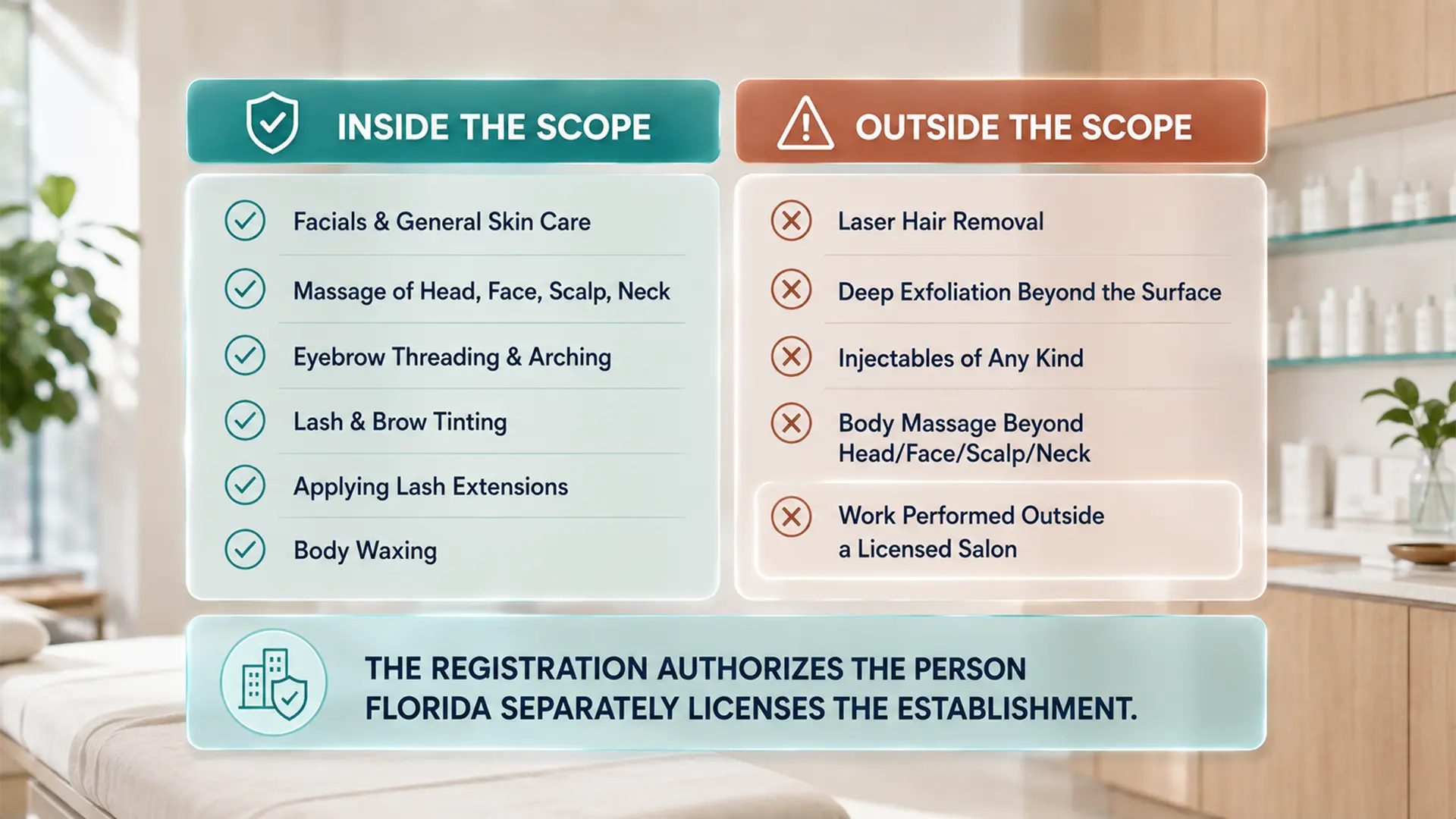 Enhance.work - Blog - licensed esthetician - comparison of what falls inside a licensed esthetician's scope, such as facials and waxing, against laser hair removal and injectables which do not