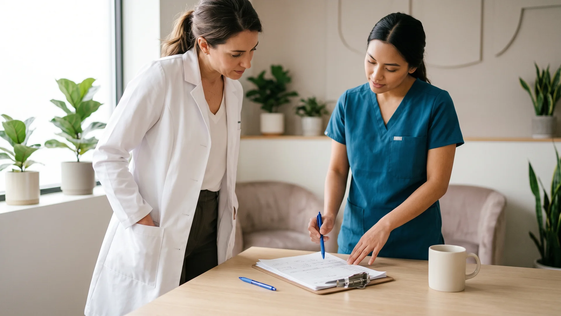 Enhance.work - Blog - who can perform laser hair removal in Florida - supervising physician reviewing written protocol documentation with med spa staff