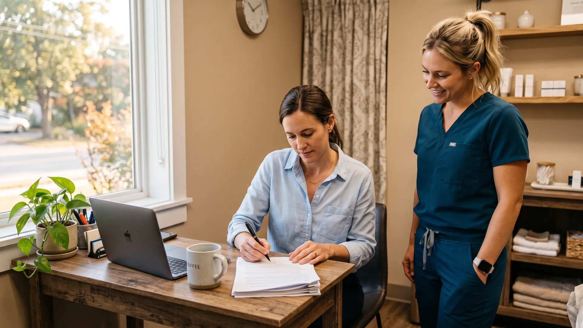 Enhance.work - Blog - collaborative agreement aesthetics florida - physician signing an established protocol document beside a nurse practitioner in a clinic office