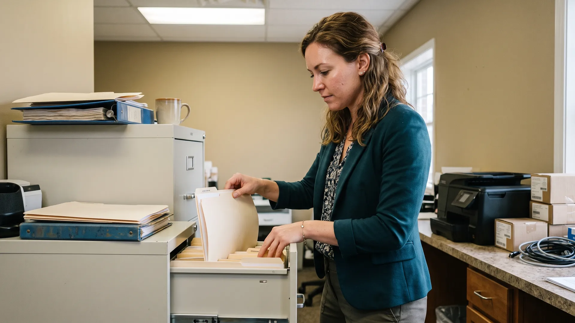 Enhance.work - Blog - collaborative agreement aesthetics florida - clinic manager reviewing licensing and protocol documents in a med spa back office