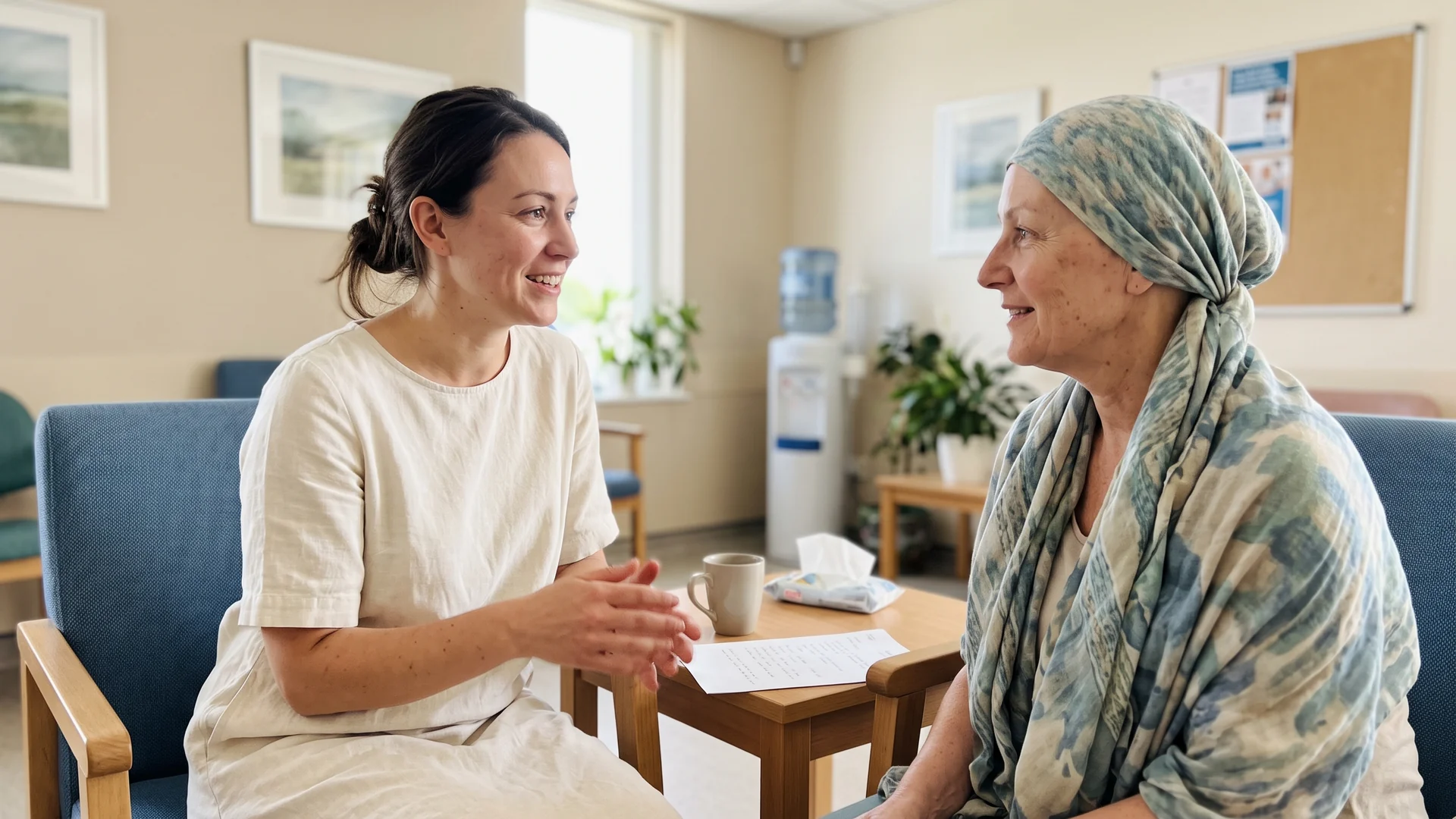 Enhance.work - Blog - paramedical esthetician - skincare specialist talking with a cancer patient in a hospital support room