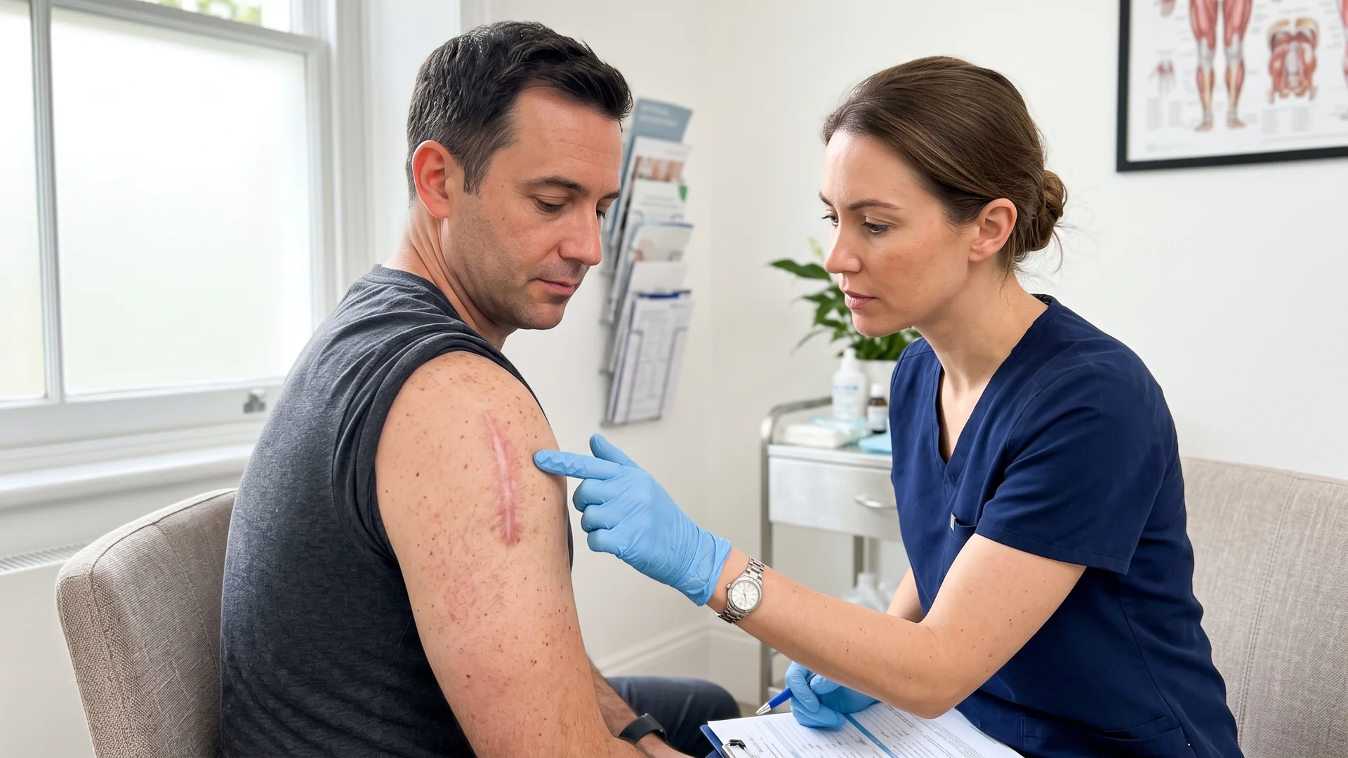 Enhance.work - Blog - paramedical esthetician - clinical esthetician assessing a healed surgical scar on a patient