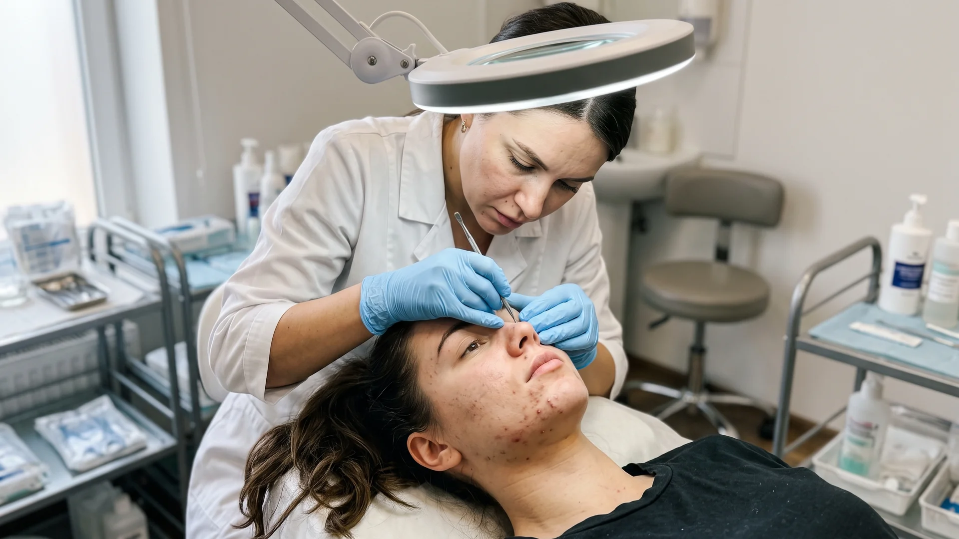 Enhance.work - Blog - esthetician in a dermatology office - esthetician performing extractions on acne prone skin under a magnifying lamp