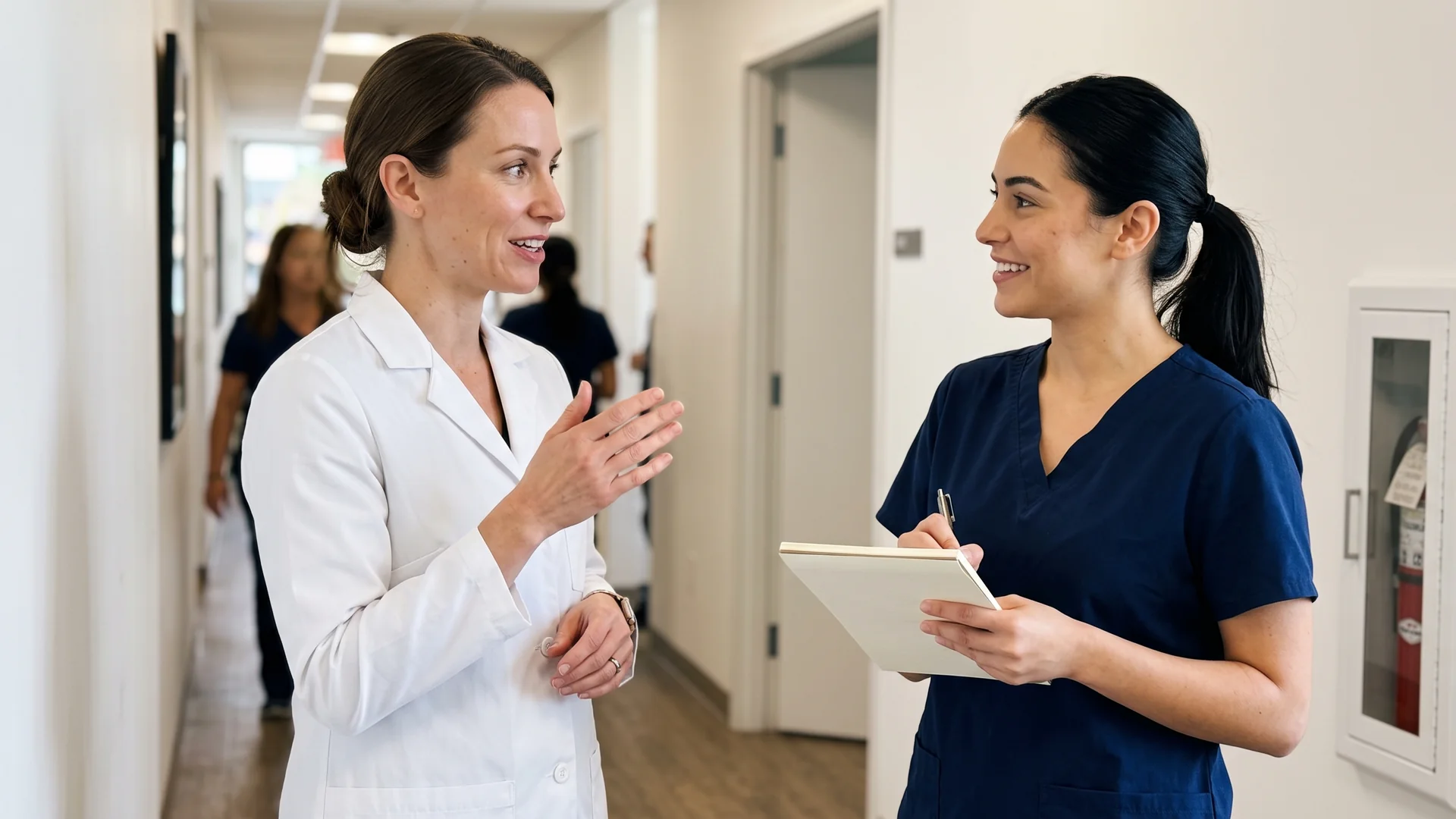 Enhance.work - Blog - esthetician in a dermatology office - dermatologist and esthetician discussing a patient case in a clinic corridor