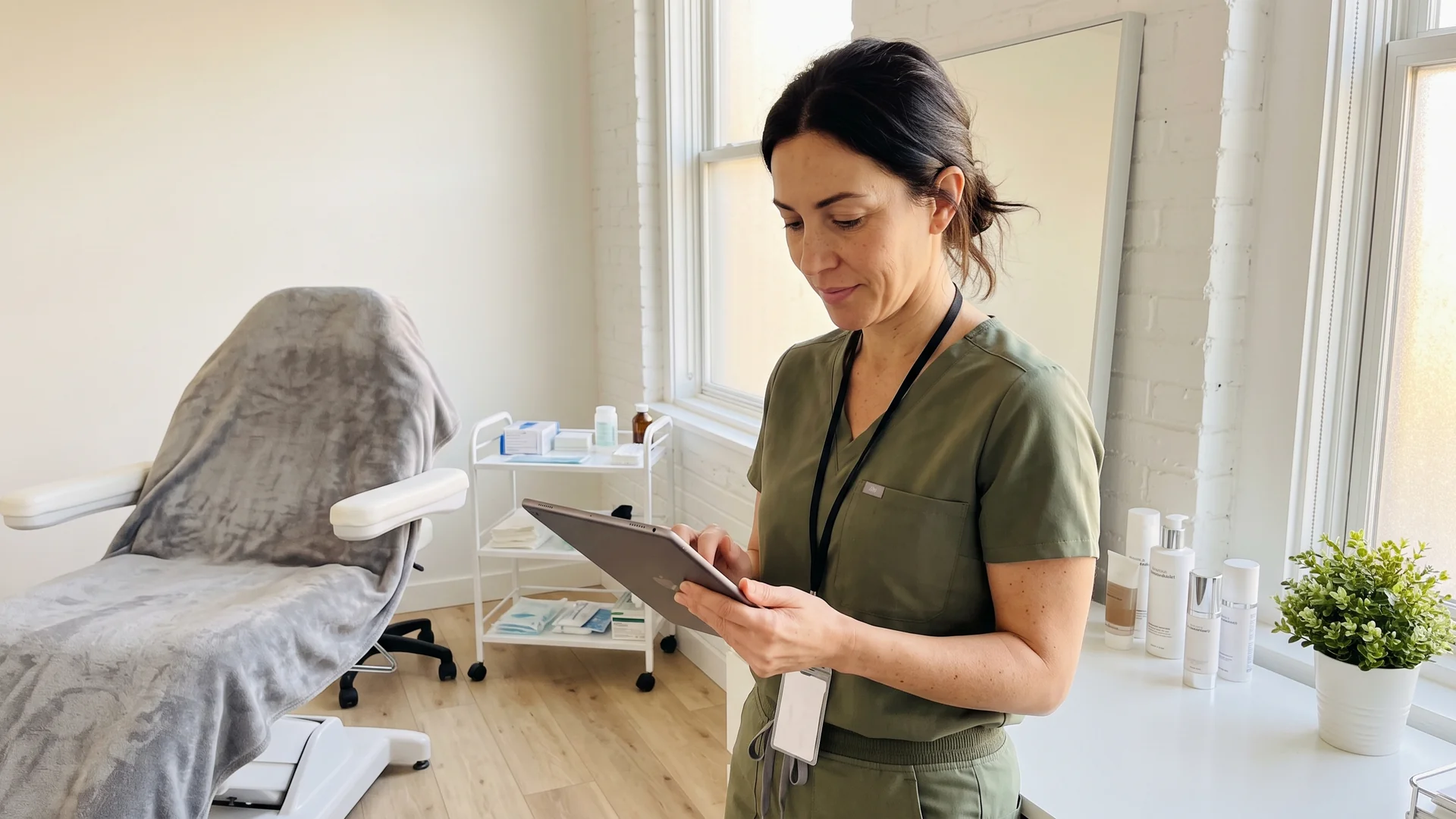 Enhance.work - Blog - hiring for your aesthetic practice - aesthetic clinician verifying licence documentation on a tablet in a treatment room