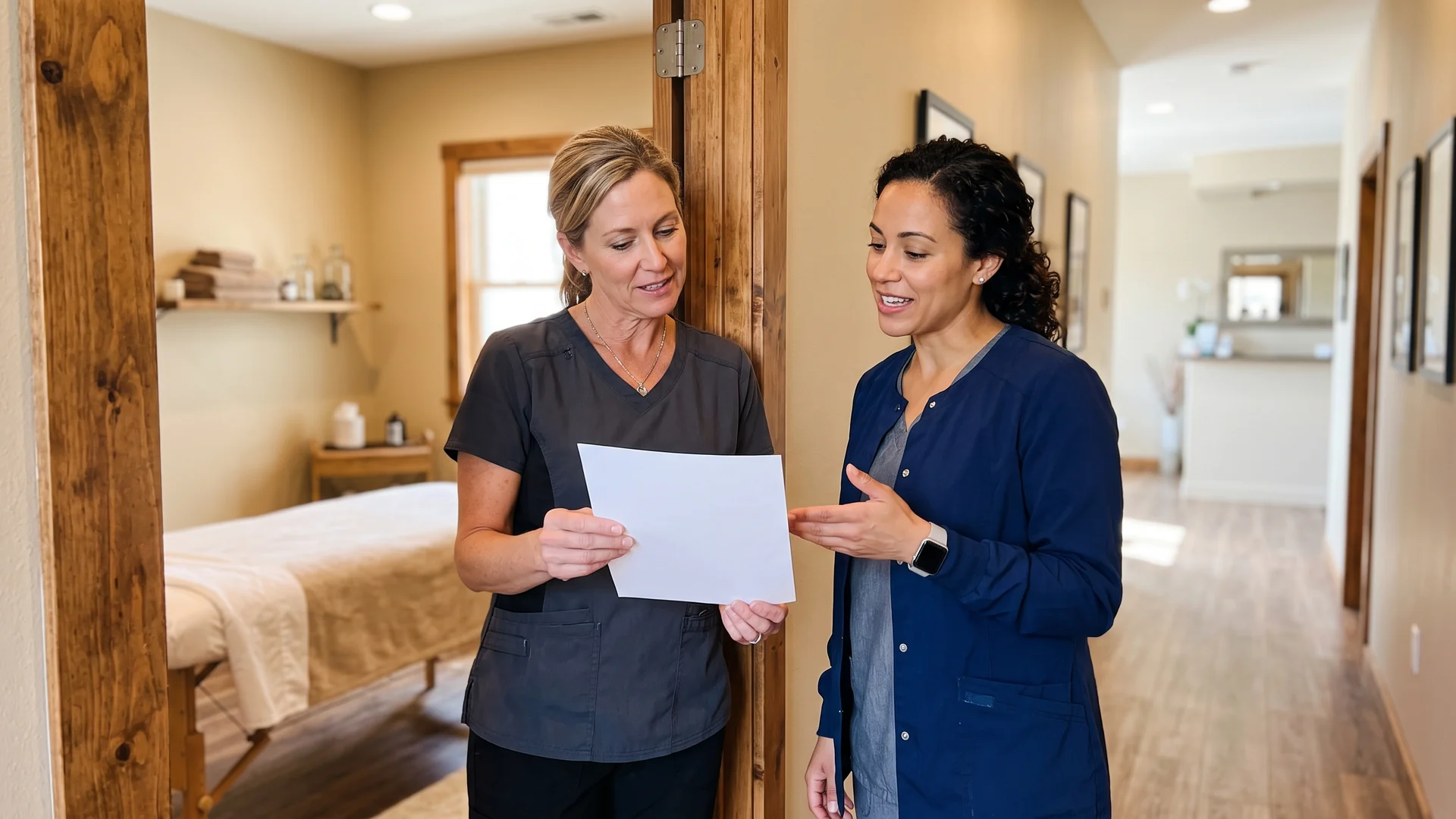 Enhance.work - Blog - med spa job descriptions - clinician and manager reviewing a printed job description at a med spa treatment room door
