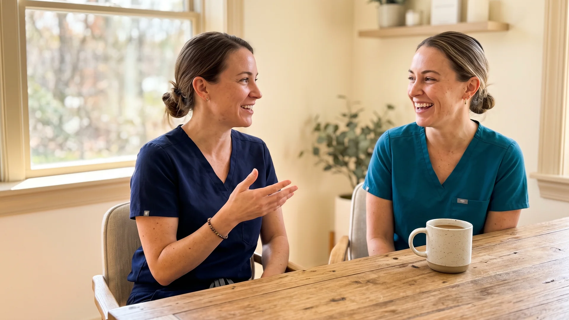 Enhance.work - Blog - med spa job descriptions - two clinic staff members comparing candidate credentials on a laptop in a med spa office