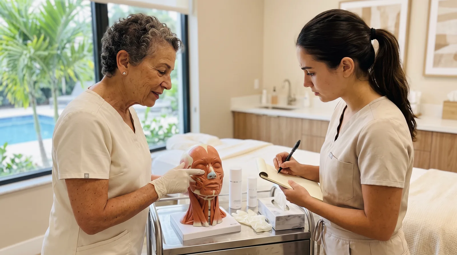 Enhance.work - Blog - become an aesthetic nurse - a senior nurse practitioner teaching facial muscle anatomy on a model to a nurse in training in a South Florida clinic
