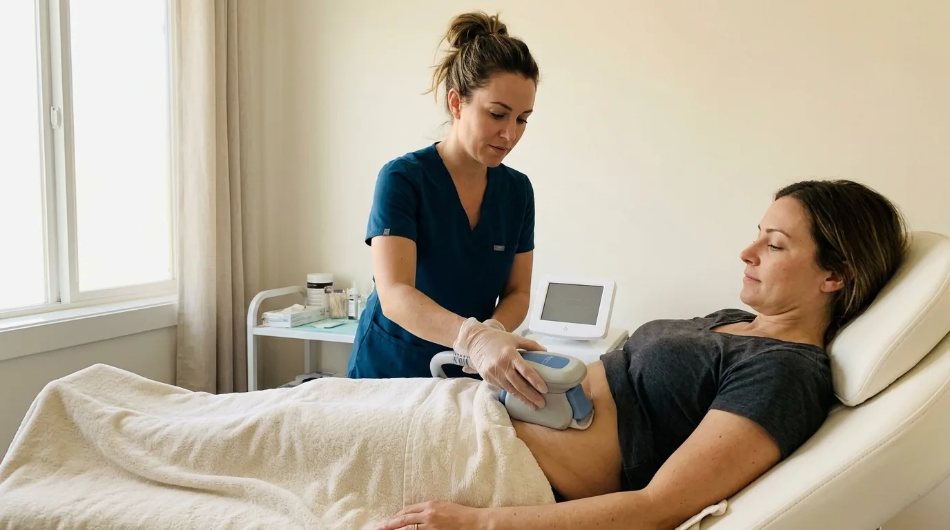 Enhance.work - Blog - body sculpting certification - provider positioning a cryolipolysis applicator on a client's abdomen in a bright treatment room