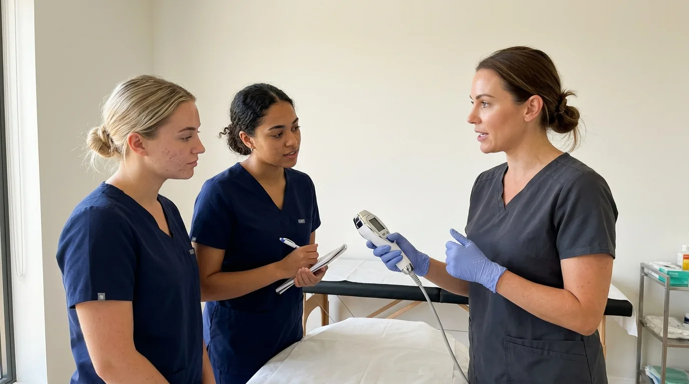 Enhance.work - Blog - can estheticians do body contouring - trainer demonstrating a handpiece to two students in a clinic classroom